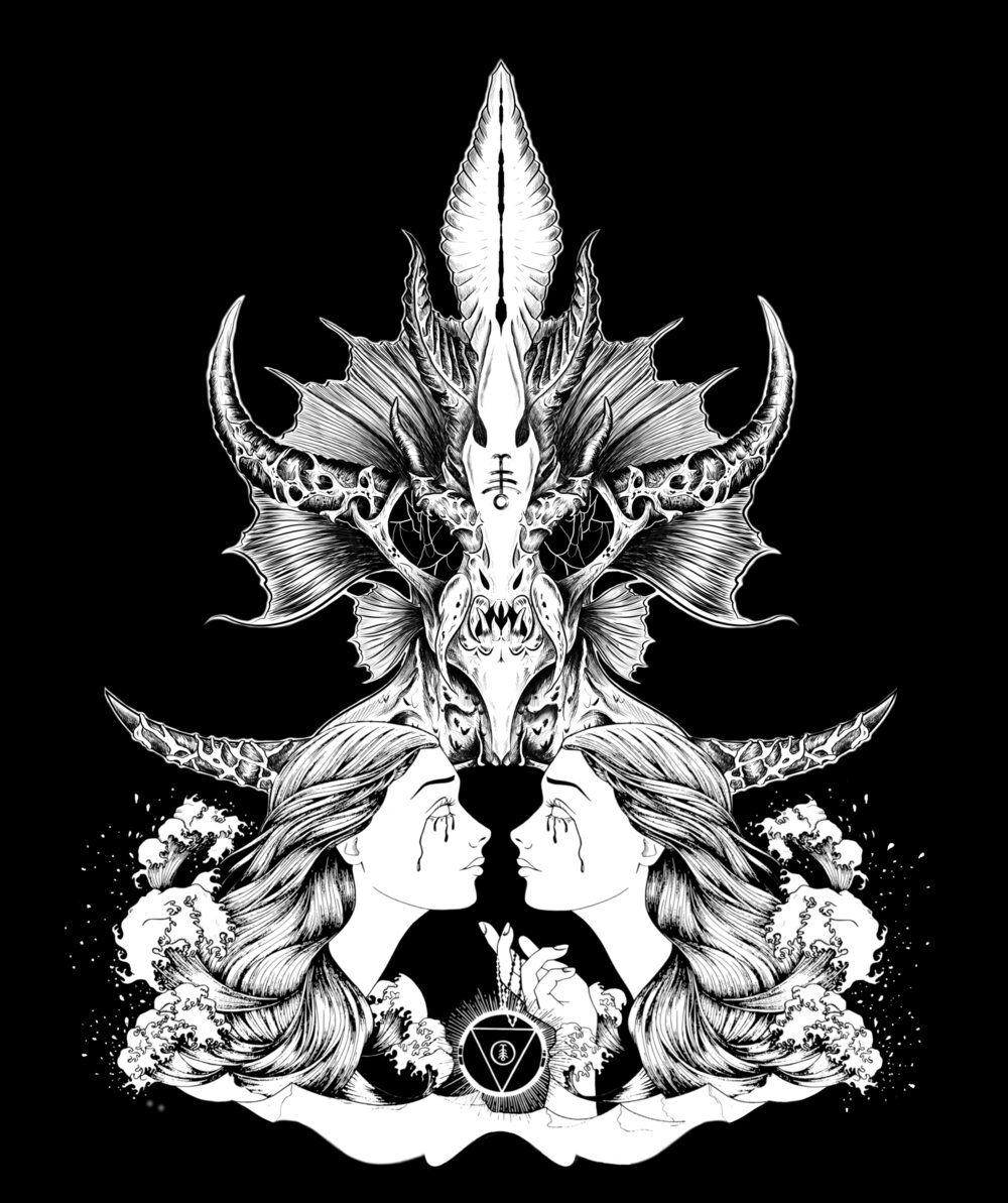 Encre originale. Le dieu marin, ses deux visages humains et le sceau de l’Ordre, réunis dans une même symétrie.